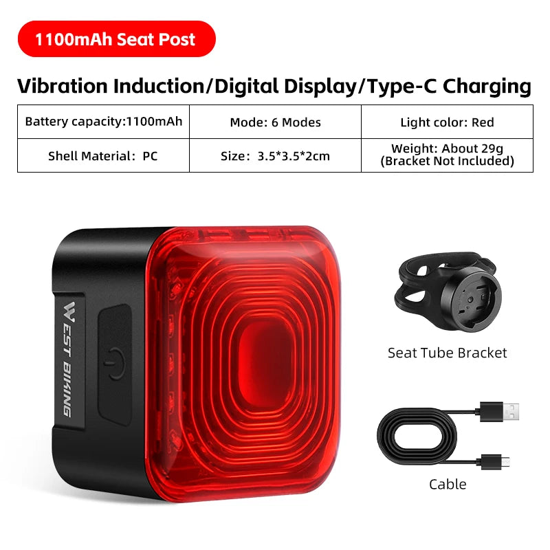 WEST BIKING Bicycle Rear Light Brake Sensing Digital Power Display Auto Start/Stop Long Endurance Taillight Cycling Accessories
