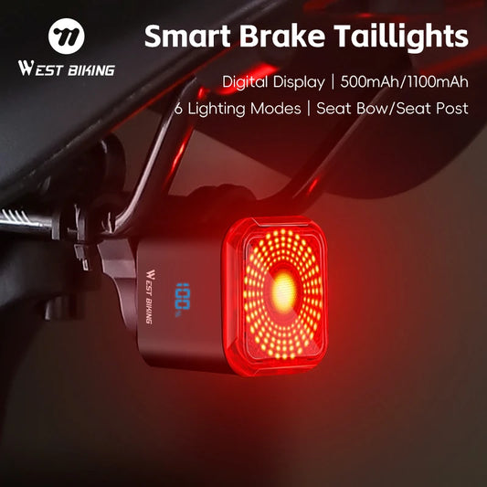WEST BIKING Bicycle Rear Light Brake Sensing Digital Power Display Auto Start/Stop Long Endurance Taillight Cycling Accessories