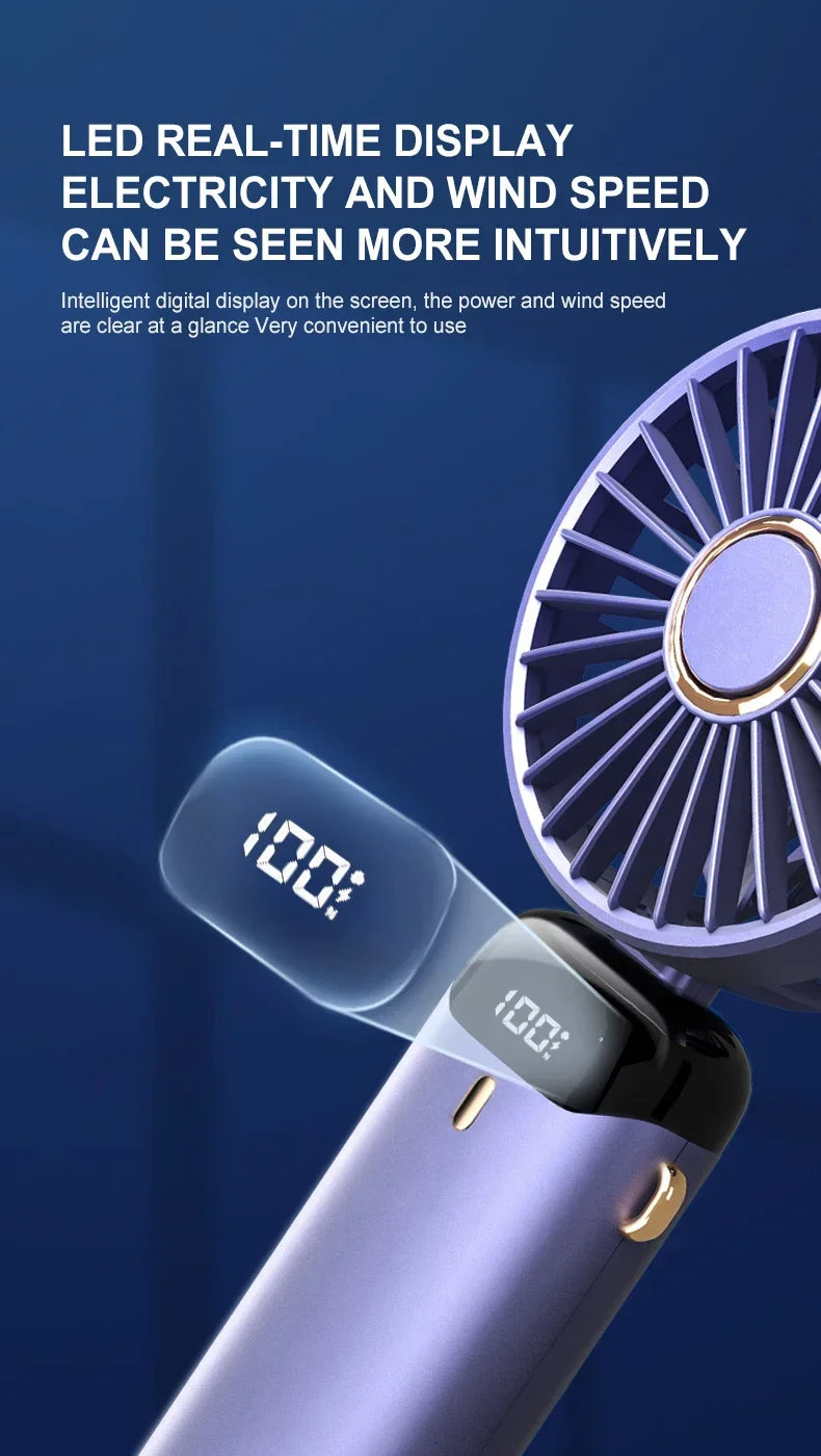 Handheld Mini USB Rechargeable Fan Foldable Portable Neck Hanging Fans 5 Speed with Phone Stand and Display Screen 1800mAh