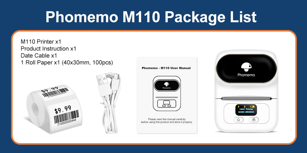 Phomemo M110 Thermal Wireless Label Printer Portable Bluetooth Sticker Mini Printer Barcode Label Maker Price Tag Printers DIY