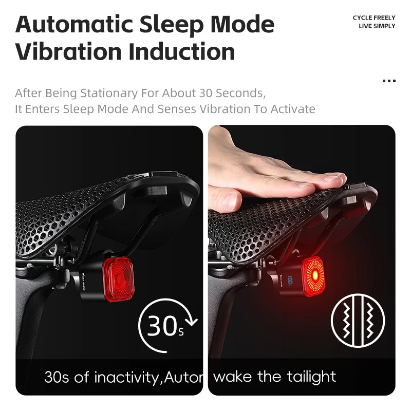 WEST BIKING Bicycle Rear Light Brake Sensing Digital Power Display Auto Start/Stop Long Endurance Taillight Cycling Accessories