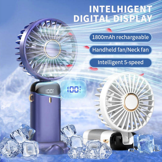 Handheld Mini USB Rechargeable Fan Foldable Portable Neck Hanging Fans 5 Speed with Phone Stand and Display Screen 1800mAh