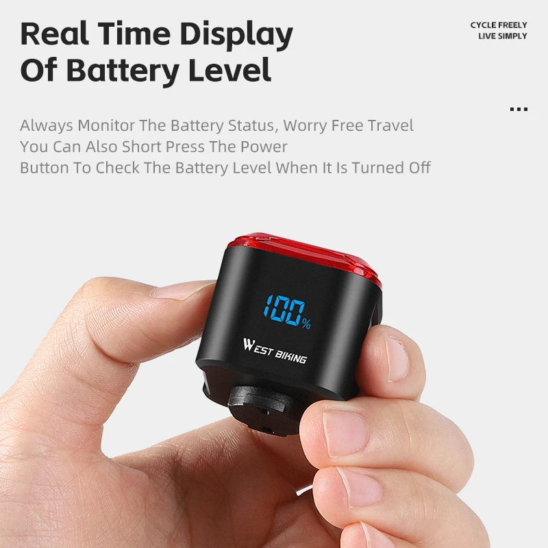 WEST BIKING Bicycle Rear Light Brake Sensing Digital Power Display Auto Start/Stop Long Endurance Taillight Cycling Accessories