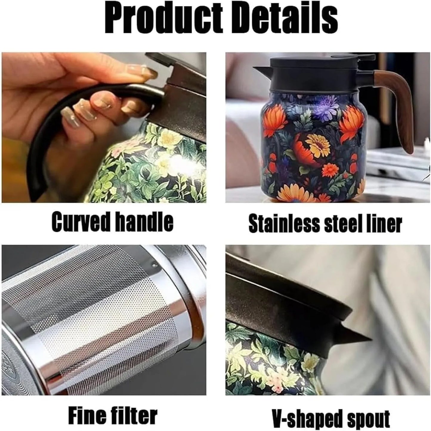 Vintage Floral Pattern Tea Thermos – Built-In Infuser 800/1000ml Floral Tea Kettle Stewed Teapot Tea Separation Water Bottle
