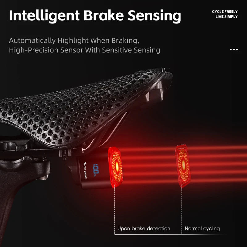 WEST BIKING Bicycle Rear Light Brake Sensing Digital Power Display Auto Start/Stop Long Endurance Taillight Cycling Accessories