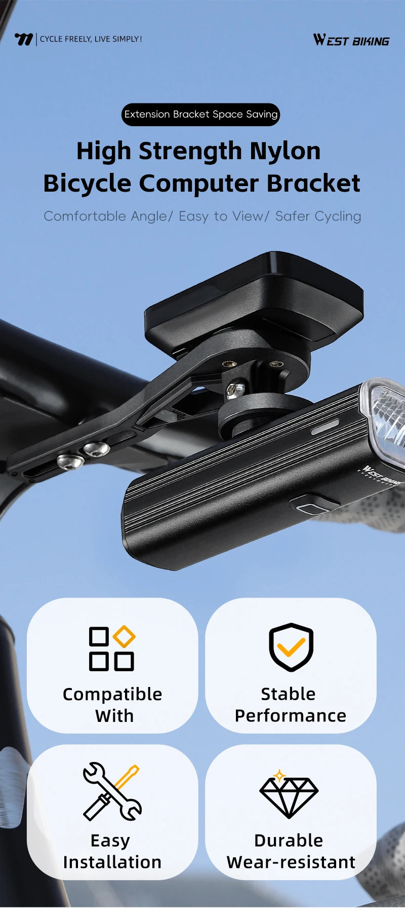 WEST BIKING Cycling Computer Holder For Garmin/Bryton/Wahoo Speedometer Bike Lights&Camera Mount MTB Road Bicycle Accessories