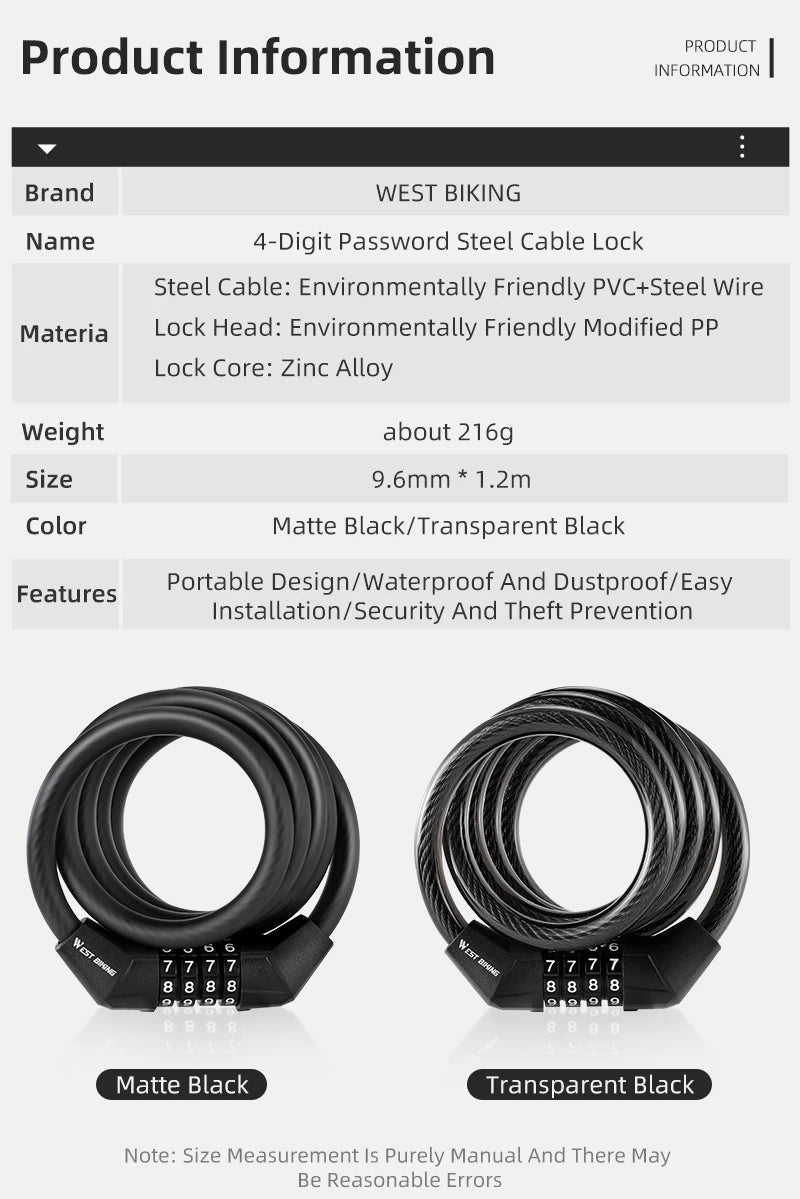 WEST BIKING Bicycle Lock 4 Digit Code 120cm Anti-theft Lock Bike Security Steel Cable Cycling Bicycle Lock Bike Accessories