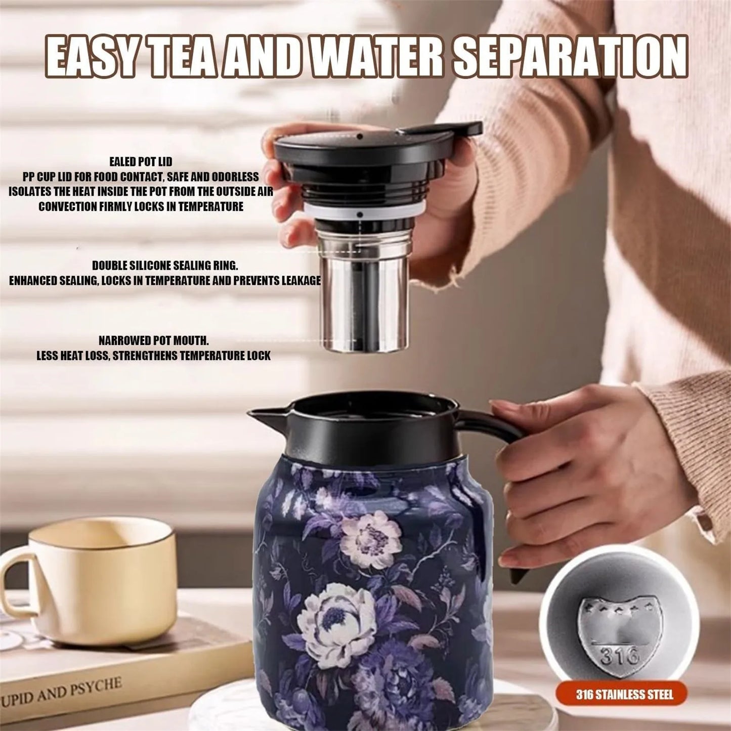 Vintage Floral Pattern Tea Thermos – Built-In Infuser 800/1000ml Floral Tea Kettle Stewed Teapot Tea Separation Water Bottle