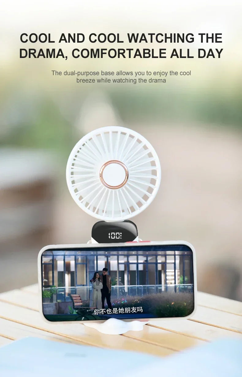 Handheld Mini USB Rechargeable Fan Foldable Portable Neck Hanging Fans 5 Speed with Phone Stand and Display Screen 1800mAh