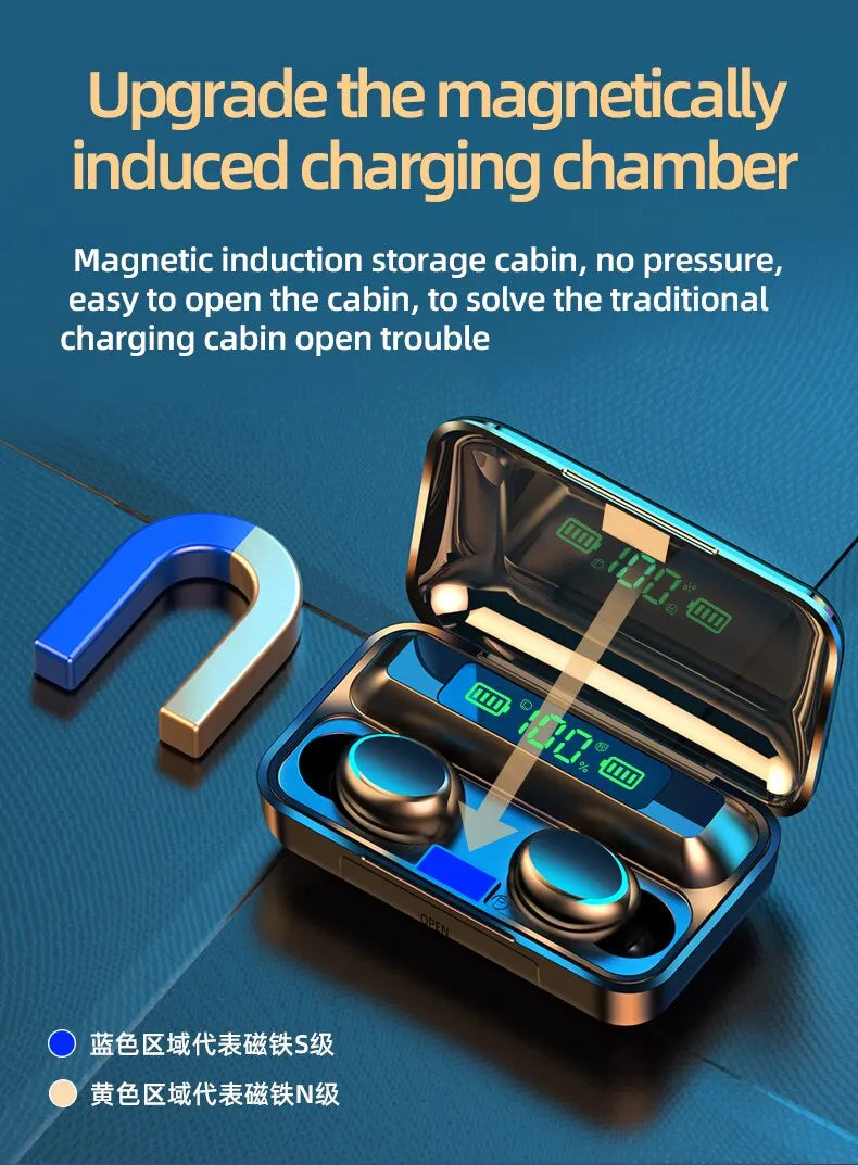 F9 TWS Earphones Wireless Bluetooth 9D HiFi Sports Noise Reduction Headphone Touch Control HD Call Earbuds In-Ear Gamer Headsets