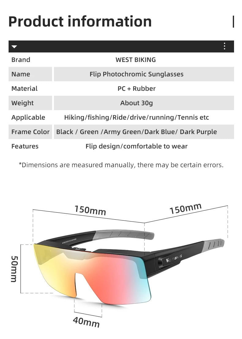WEST BIKING Photochromic Cycling Glasses Sports Sunglasses Men Fit Over Myopia MTB Road Cycling Eyewear Fishing Driving Goggles