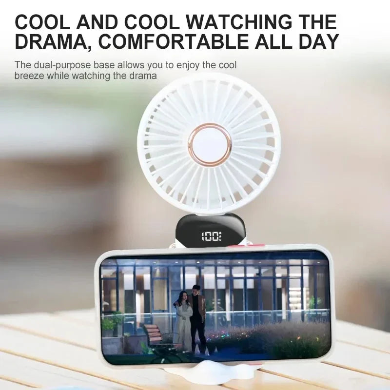 Handheld Mini USB Rechargeable Fan Foldable Portable Neck Hanging Fans 5 Speed with Phone Stand and Display Screen 1800mAh