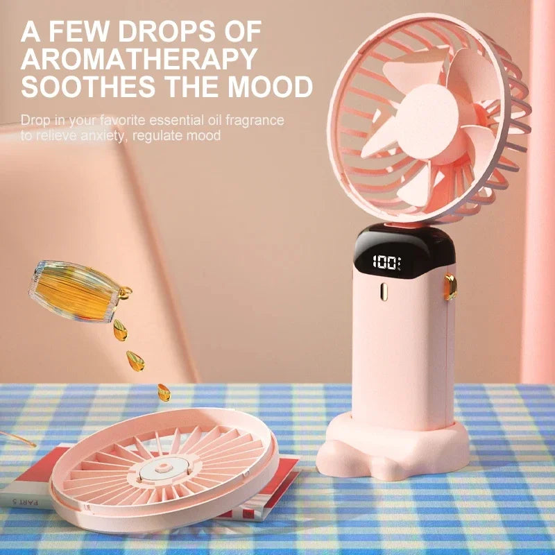Handheld Mini USB Rechargeable Fan Foldable Portable Neck Hanging Fans 5 Speed with Phone Stand and Display Screen 1800mAh