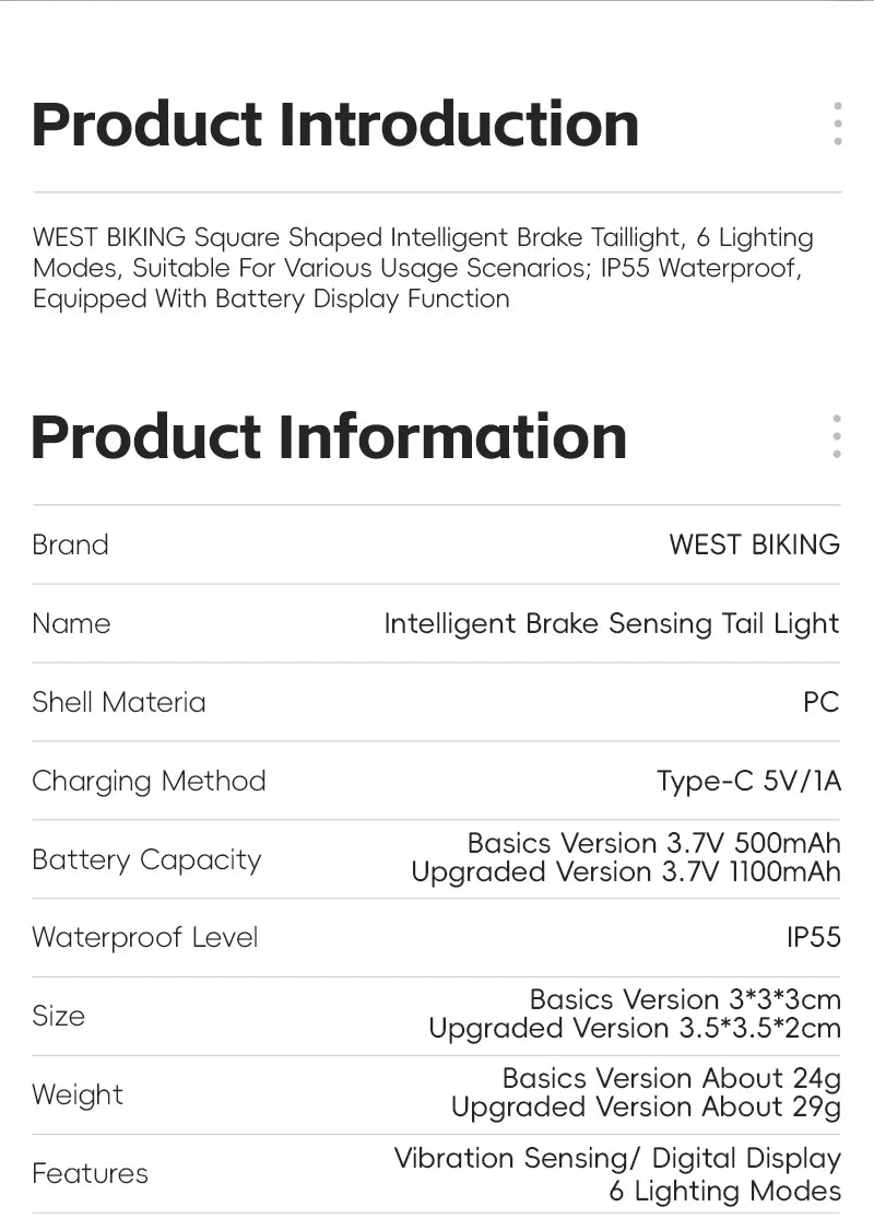 WEST BIKING Bicycle Rear Light Brake Sensing Digital Power Display Auto Start/Stop Long Endurance Taillight Cycling Accessories