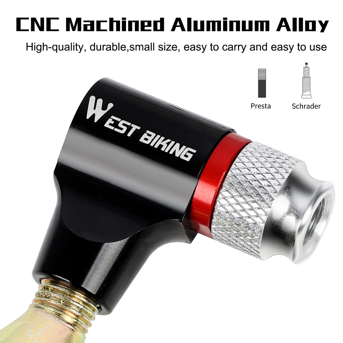 WEST BIKING Portable Bike Pump CO2 Air Inflator Insulated Cover Schrader & Presta Valve Mini Bicycle Pump Bicycle Accessories