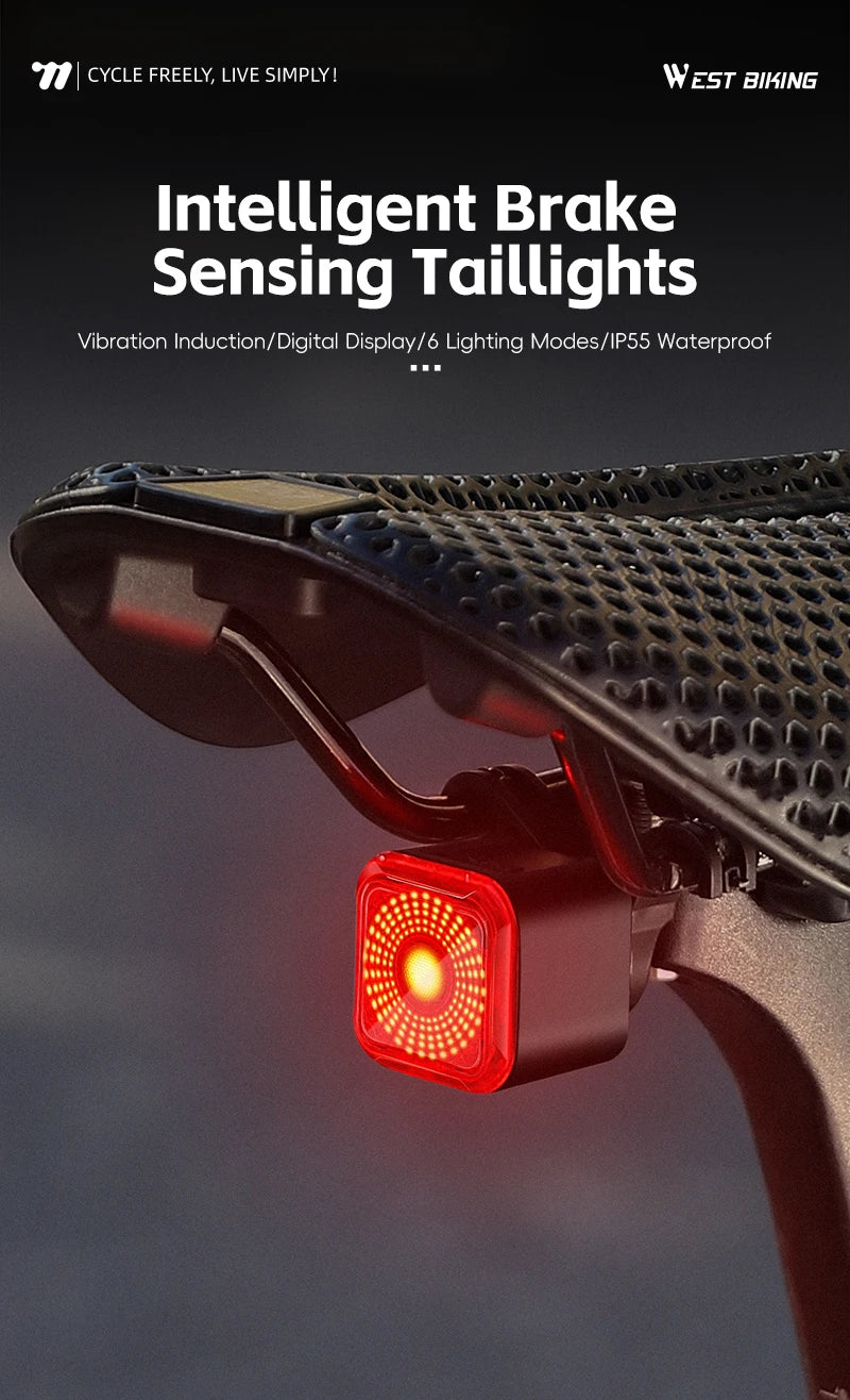 WEST BIKING Bicycle Rear Light Brake Sensing Digital Power Display Auto Start/Stop Long Endurance Taillight Cycling Accessories