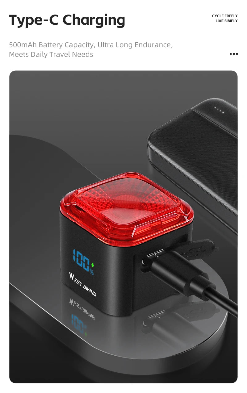 WEST BIKING Bicycle Rear Light Brake Sensing Digital Power Display Auto Start/Stop Long Endurance Taillight Cycling Accessories
